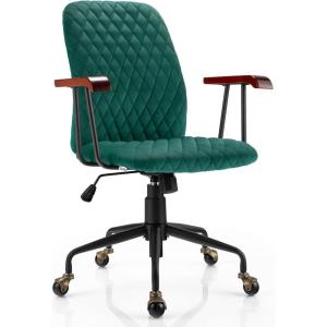 Giantex Home Office Desk Chair Green, Vintage Adjustable Swivel Rolling Chair with Copper Wheels & Armrest, Mid Century Leisure Chair, Velvet Upholstered Computer Chair for Work, Study(Green)