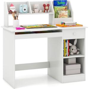 Giantex Kids Study Desk, Children Wooden Writing Table with Hutch, Bookshelf, Drawer, Keyboard Tray, Storage Shelves, White Student Computer Desk Workstation for Home School Use, Gift for Boys Girls