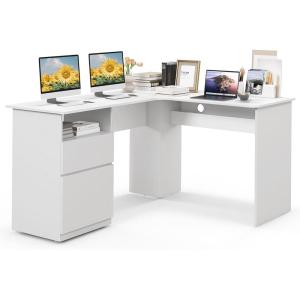 Giantex L Shaped Computer Desk with Drawers, 59″ Corner Desk Workstation with Storage Shelf & Cable Holes, Large Executive Office Desk, Modern Study Writing Table for Home Office (White)(White)