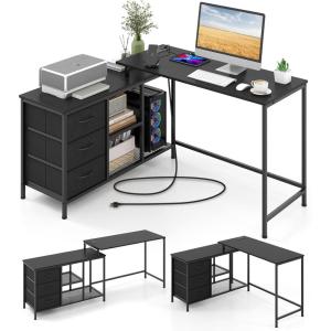 Giantex L Shaped Computer Desk with Drawers, 81″ Convertible Corner Desk with Charging Station and Storage Shelves, Study Writing Desk, Modern Long Corner Gaming Table for Home Office (Black)(Black)