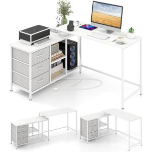 Giantex L Shaped Computer Desk with Drawers, 81″ Convertible Corner Desk with Charging Station and Storage Shelves, Study Writing Desk, Modern Long Corner Gaming Table for Home Office (Black)(White)