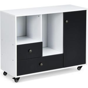 Giantex Lateral File Cabinet, Mobile Filing Cabinet with Drawer, Printer Stand with Open Storage Shelves, Wood Organizer for Home and Office A4 Letter and Legal Size (White & Black)(Round Knob)