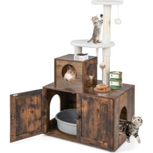 Giantex Litter Box Enclosure with Cat Tree, Cat Washroom Hidden Furniture with Cat Tower, Scratching Posts, Cat Condo, Jingling Ball, Air Vents, Wooden Pet Crate House (Rustic Brown)(Rustic Brown)