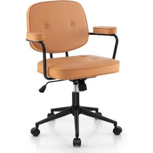 Giantex Mid Century Leather Office Chair Orange, Height Adjustable Desk Chair with Rocking Backrest & Padded Armrest, Upholstered Swivel Leisure Task Chair, Modern Rolling Chair for Home Office