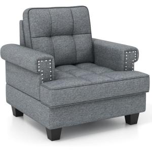 Giantex Mid Century Modern Accent Chair, Tufted Linen Single Sofa Chair with Thick Pillow & Cushion, Solid Rubber Wood Structure, Studded Upholstered Reading Arm Chair for Living Room, Bedroom, Grey(Grey)