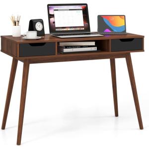 Giantex Mid Century Modern Desk with Drawers, Simple Study Desk with Open Storage Cubby & Solid Wood Legs, Vanity Table Workstation, Home Office Writing Computer or Laptop Desk for Bedroom, Walnut