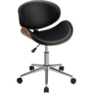 Giantex Mid-Century Home Desk Chair, Faux Leather Armless Office Chair w/Curved Bentwood Seat & Height Adjustable,Ergonomic Modern Rolling Swivel Computer Chair Study Room Office Bedroom,Black(Black)