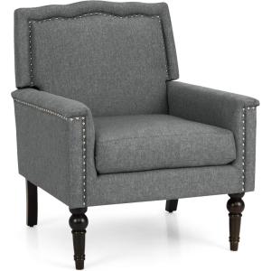 Giantex Mid-Century Modern Accent Chair Grey, Linen Fabric Upholstered Armchair w/Rubber Wood Legs, Nailhead Trim, Max Load 440 Lbs, Comfy Single Sofa Side Chair for Living Room Bedroom(Grey)