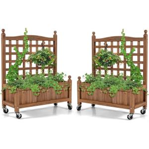 Giantex Mobile Plant Raised Bed, Wood Planter with Lattice Trellis and Wheels, Flower Box for Plant Climbing, Vertical Garden for Balcony Patio Yard, 25″x11″x 50″(2)