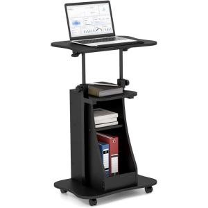 Giantex Mobile Podium Stand, Height Adjustable Laptop Cart with Tilting Tabletop & Storage Compartments, Rolling Lectern with Lockable Casters for Classroom, Church, Home Office, White(Black)