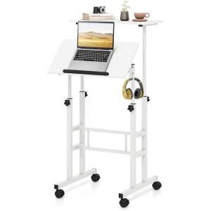Giantex Mobile Standing Desk, Portable Stand Up Desks Adjustable Height with Wheels & Tilting Tabletop, Home Office Computer Workstation, Rolling Sit Stand Desk for Standing or Sitting, Natural(White)