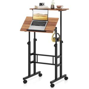 Giantex Mobile Standing Desk, Portable Stand Up Desks Adjustable Height with Wheels & Tilting Tabletop, Home Office Computer Workstation, Rolling Sit Stand Desk for Standing or Sitting, Natural(Walnut)