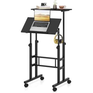 Giantex Mobile Standing Desk, Portable Stand Up Desks Adjustable Height with Wheels & Tilting Tabletop, Home Office Computer Workstation, Rolling Sit Stand Desk for Standing or Sitting, Natural(Black)