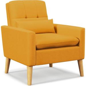 Giantex Modern Accent Chair, Mid-Century Linen Fabric Armchair w/Lumbar Pillow, Back & Seat Cushion, Comfy Single Sofa Chair with Rubber Wood Legs for Living Room, Bedroom, Reading Room, Beige(Yellow)