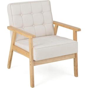 Giantex Modern Accent Chair, Upholstered Armchair w/Rubber Wood Armrests, Ergonomic Backrest, Button Tufted Decoration, Tufted Reading Chair for Living Room, Bedroom, Study, Beige