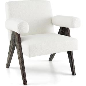 Giantex Modern Mid Century Accent Chair, Upholstered Armchair w/Natural Rubber Wood Legs, Sponge Padded Seat, Felt Foot Pads, Comfy Sherpa Chair for Reading, Living Room, Bedroom, White