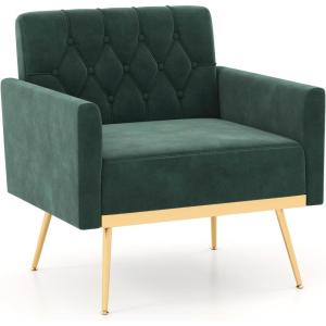 Giantex Modern Velvet Accent Chair – Mid-Century Upholstered Single Sofa Chair w/Button Tufted Back, Golden Metal Legs, Adjustable Foot Pads, Comfy Living Room Armchair for Bedroom, Pink(Dark Green)