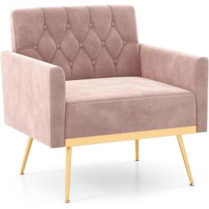 Giantex Modern Velvet Accent Chair – Mid-Century Upholstered Single Sofa Chair w/Button Tufted Back, Golden Metal Legs, Adjustable Foot Pads, Comfy Living Room Armchair for Bedroom, Pink(Pink)
