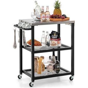 Giantex Outdoor Grill Cart – Movable Pizza Oven Stand with Stainless Steel Top, 2 Storage Shelves, 9 Hooks, Food Prep Cooking Table with Lockable Wheels, Dinning Serving Cart for Kitchen BBQ Party(24” x 16” (3-Tier))