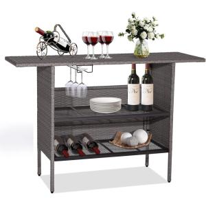 Giantex Outdoor Patio Wicker Bar Table, 2 Storage Shelves, 55”W Tabletop, Rails for Hanging Wine Glasses, Heavy-Duty Metal Frame, Bistro Rattan Bar Counter Table for Poolside Backyard (Mix Gray)(Mix Gray)