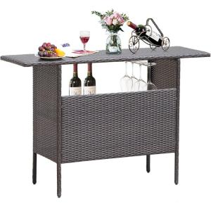 Giantex Outdoor Patio Wicker Bar Table, 2 Storage Shelves, 55”W Tabletop, Rails for Hanging Wine Glasses, Heavy-Duty Metal Frame, Bistro Rattan Bar Counter Table for Poolside Backyard (Mix Gray)(Mix Brown)