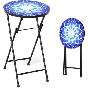 Giantex Outdoor Side Table, Folding Mosaic Patio Table, 14” Round Metal End Table w/Ceramic Tile Top, Small Patio Table Accent Coffee Table for Porch Garden Balcony Plant Stand Indoor Outdoor(Navy)
