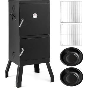 Giantex Outdoor Smoker with Double Doors, 2 Detachable Grill Netting Smoking Racks, Charcoal Pan & Water Pan, 4 Air Vents, Thermometer, Vertical Charcoal Smoker for Barbecue Camping Backyard Grill(Black)
