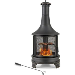 Giantex Outdoor Wood Burning Chiminea Fire Pit, 30 Inch Metal Fireplace w/Grill, Chiminea Cover & Spark Screen Door, Fire Poker, Chiminea Firepit for Patio, Garden, Backyard, BBQ, Deck, Black