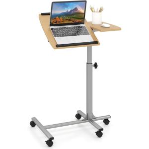 Giantex Overbed Table with Wheels, Medical Adjustable Bedside Table, Mobile Standing Desk, Portable Laptop Table for Small Spaces, Bed Trays Table for Eating Home Hospital (Black)(Natural)