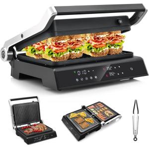 Giantex Panini Press Sandwich Maker, 3-in-1 Electric Indoor Grill, 2 Removable & Dishwasher Safe Non-Stick Plates, Drip Tray, 5 Auto Modes, Upper & Lower Independent Temperature Control, 4 H Timer