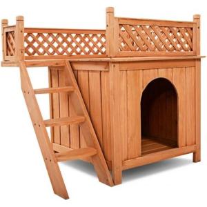Giantex Pet Dog House, Wooden Dog Room Shelter with Stairs, Raised Roof and Balcony Bed for Indoor and Outdoor Use, Wood Dog House