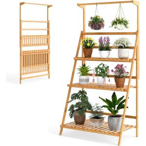 Giantex Plant Stand Indoor Outdoor – Bamboo 3-Tier Hanging Tall Ladder Flower Pot Display Organizer Rack w/Height Adjustable Rod, Folding Plant Shelf Holder for Living Room Corner Patio Garden Balcony