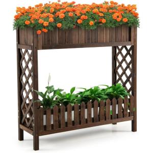 Giantex Planter Raised Bed, Elevated Potted Plant Rack W/Shelf Fence, Wooden Standing Plant Container Box w/Trellis for Vegetable Flower Herb Succulent, Indoor Outdoor Patio Balcony (Brown)(Brown)