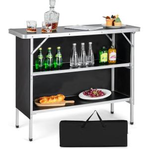 Giantex Portable Bar Table for Events, Folding Mobile Bartending Station with Storage Shelves, Removable Privacy Skirt, Carrying Case, for Parties, Catering, Trade Shows (Coffee, 43.5”L x 34.5”H)(Black)
