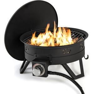 Giantex Portable Propane Fire Pit, 17″ Small Outdoor Fire Bowl w/Foldable Legs, Round Fireplace with Lid, Removable Grill, Carry Bag, Lava Rocks, 58000 BTU Smokeless Gas Firepit for Outdoor Camping