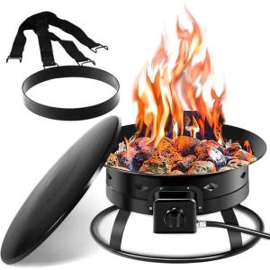 Giantex Portable Propane Fire Pit, 19″ Outdoor Firepit, 58,000BTU Fire Bowl w/Cover & Carry Kit,Lava Rock Stone & Tank Stabilizer Ring, Gas Fire Pit for Outside Camping,Patio, Backyard, Black