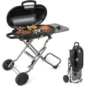 Giantex Portable Propane Gas Grill with 15,000 BTUs Burner, Side Table, 2 Wheels, Grease Tray, Metal Frame, Folding Stand-Up Propane Gas Grill for Outdoor Cooking Camping Barbecue (Black)(Black)