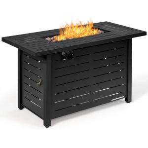 Giantex Propane Fire Pit Table, 42 Inch 60,000 BTU Rectangular Gas Fire Table w/Waterproof Cover, Outdoor Electronic Ignition Firepit Table w/Lava Rock for Courtyard Balcony Garden Terrace(Black)