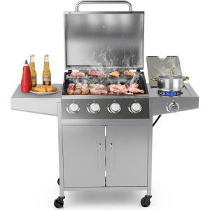 Giantex Propane Gas Grill with 4 Main Burners and 1 Side Burner, total 50,000 BTU, Stainless Steel Heavy-Duty BBQ Grill with 2 Prep Tables, 4 Wheels, Cabinet for Propane Tank, Outdoor Cooking