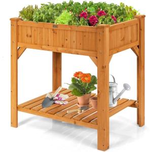 Giantex Raised Garden Bed, Elevated Planter Box Kit with 8 Grids & Liner for Herbs Vegetables Flowers, Outdoor Solid Fir Wood Planting Container with Legs & Storage Shelf for Backyard Patio (Natural)(Natural)