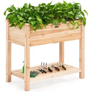 Giantex Raised Garden Bed, Elevated Wood Planter Box, Standing Garden Bed Kit w/Legs & Storage Shelf for Vegetable Flower Herb, Outdoor Use for Patio Backyard, Natural(34″Lx 18″Wx 30″H)