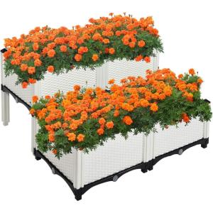 Giantex Raised Garden Bed, Set of 4 Planter Raised Beds Kits with Drain Holes for Fruit Flowers Vegetables, Outdoor Elevated Planting Box for Lawn Patio Balcony, Easy Assembly, Rattan-Like Look, White(White)