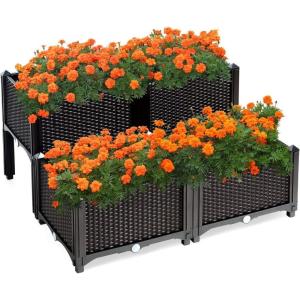 Giantex Raised Garden Bed, Set of 4 Planter Raised Beds Kits with Drain Holes for Fruit Flowers Vegetables, Outdoor Elevated Planting Box for Lawn Patio Balcony, Easy Assembly, Rattan-Like Look, White(Brown)