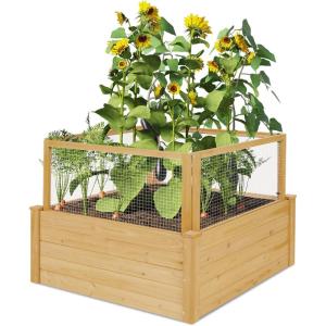 Giantex Raised Garden Bed with Fence, Wood Planter Raised Bed with Critter Guard Fence, 9 Grids Plant Container, Outdoor Plant Box for Garden Patio Backyard Balcony (42″ Lx42 Wx32.5 H)(42″LX42″WX32.5″H)