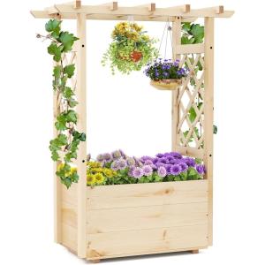 Giantex Raised Garden Bed with Sided Trellis & Hanging Roof, Wood Planter Box, Freestanding Garden Planter Raised Bed for Flowers Herbs Climbing Vines 44”x14”x45” (L x W x H)(1)