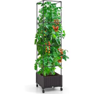 Giantex Raised Garden Bed with Tomato Cages, 67” Adjustable Height, Self Watering Planter Garden Box with Wheels, Trellis for Climbing Plants Vegetable Flower(1)