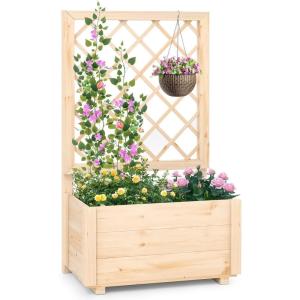 Giantex Raised Garden Bed with Trellis, Drainage Hole, Wood Elevated Planter Box for Climbing Vine Flower Herb Vegetable Fruit, Planting Container for Indoor Outdoor Patio Balcony (39”x14”x40”)(1)