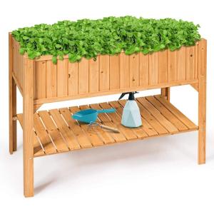 Giantex Raised Garden Planter Bed Box Stand Outdoor Wooden Elevated Garden Planter with Shelf and Drain Holes Deluxe Rectangle Raised Planter to Grow Plants, 47″ L x 22.5″ W x 35.5″ H