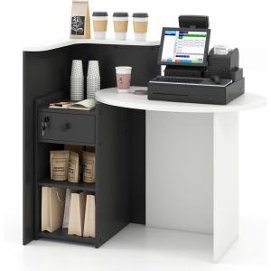 Giantex Reception Desk, Front Counter Desk with Lockable Drawer, Checkout Table with Round Tabletop, Corner Shelf & Adjustable Shelf for Office Beauty Salon Retail Store (White & Black)(Black & White)