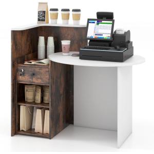 Giantex Reception Desk, Front Counter Desk with Lockable Drawer, Checkout Table with Round Tabletop, Corner Shelf & Adjustable Shelf for Office Beauty Salon Retail Store (White & Black)(Brown & White)